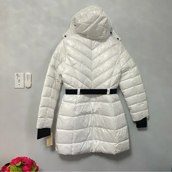 Michael Kors Hooded Puffer Jacket In White W/ Black Details New - Duplicate
